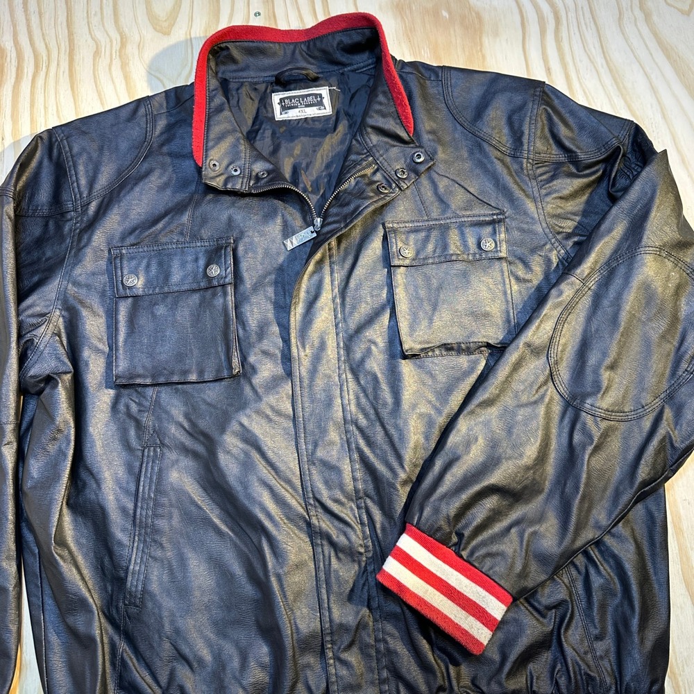 Blac Label Men's 4XL Black Faux Leather Bomber Jacket Red Trim Streetwear